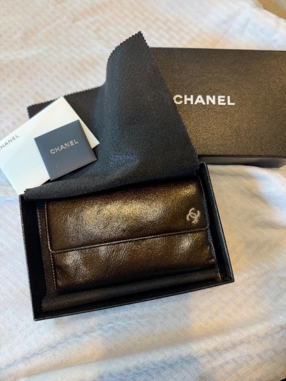 Chanel Black Leather Long Wallet Silver CC + Box & Authenticity Card